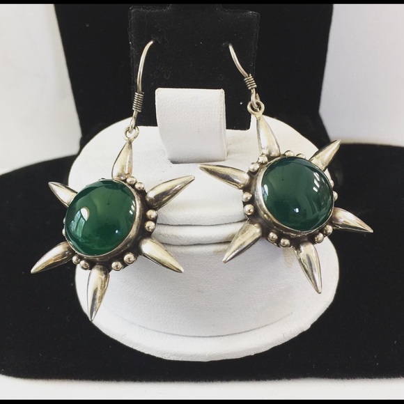 Sterling Chrysoprase Starburst Dangle Earrings